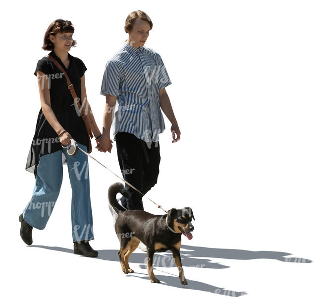 cut out young backlit couple with a dog walking hand in hand