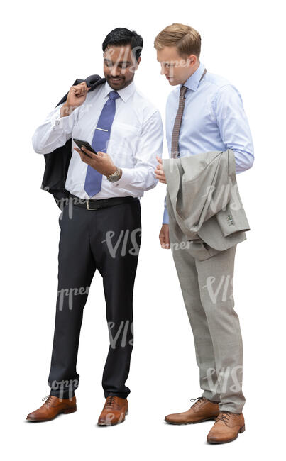two cut out businessmen standing and looking at a smartphone