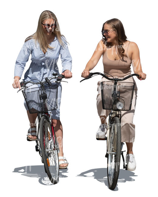 two cut out women cycling side by side
