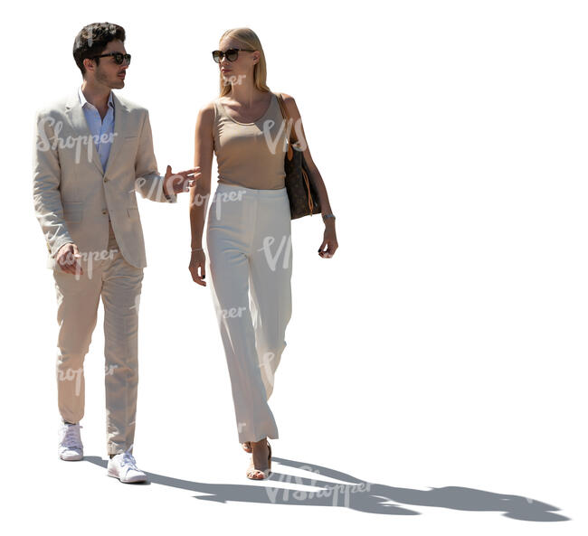 cut out backlit man and woman walking and talking