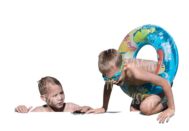 two cut out boys climbing out of the pool