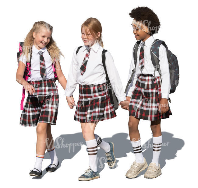 three cut out schoolgirls in school uniforms walking hand in hand