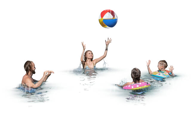 cut out kids and adults playing beach ball in a pool