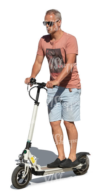 cut out middle aged man riding an electric scooter