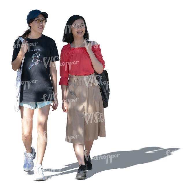two cut out asian women walking in the tree shade and talking