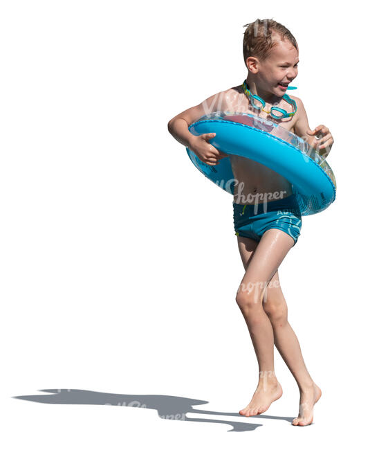 cut out little boy with a swim ring running happily