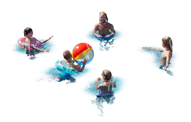 cut out family with three kids playing with a beach ball in the pool