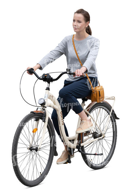 cut out woman riding a beige bicycle