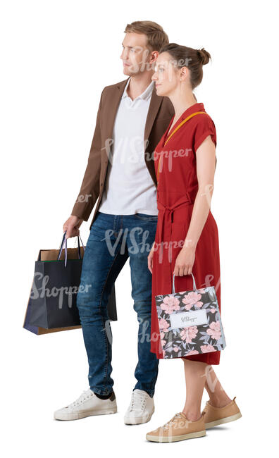 cut out man and woman with shopping bags standing 