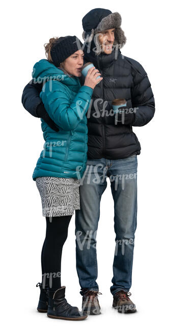cut out couple in winter clothes standing outside and drinking coffee