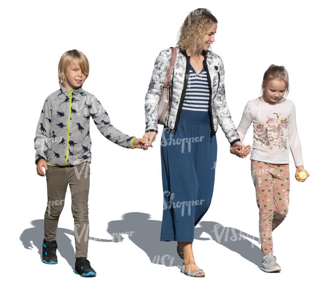 cut out woman with two children walking hand in hand