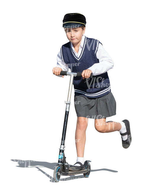 cut out girl in a school uniform riding a scooter