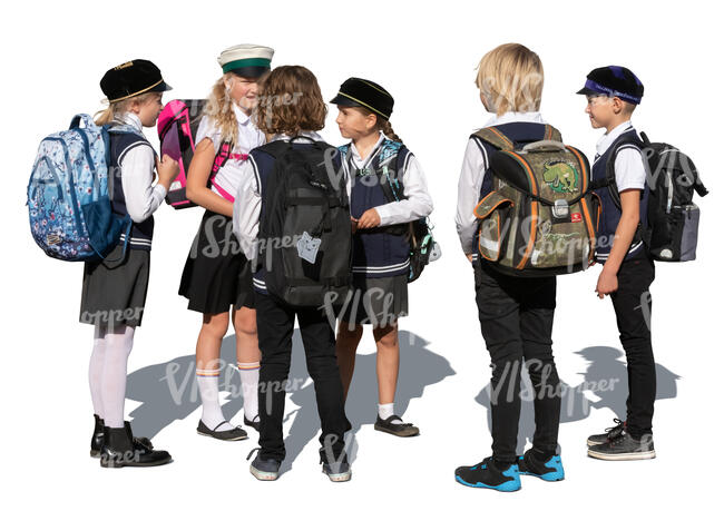 cut out group of pupils in school uniform standing and talking