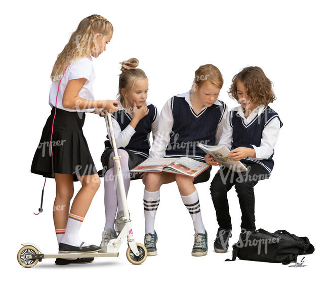 cut out group of school children sitting and reading