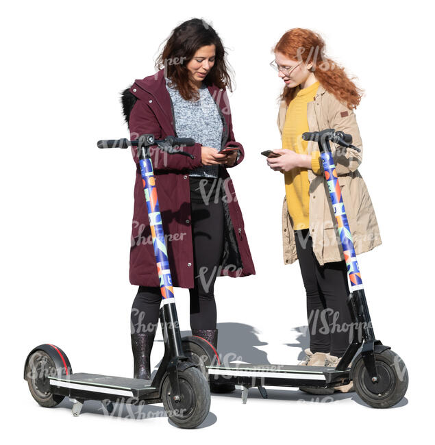 two cut out women standing and preparing to rent electric scooter