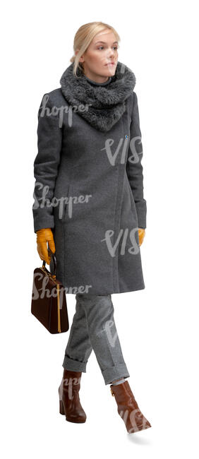 cut out woman in a grey overcoat walking