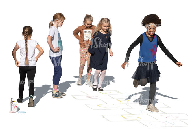 cut out five girls playing hopscotch