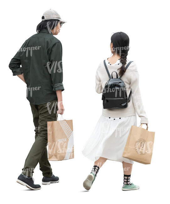 man and woman with shopping bags walking and talking