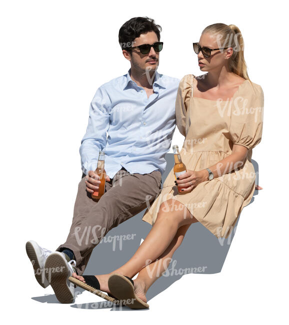 cut out man and woman sitting and drinking soft drinks