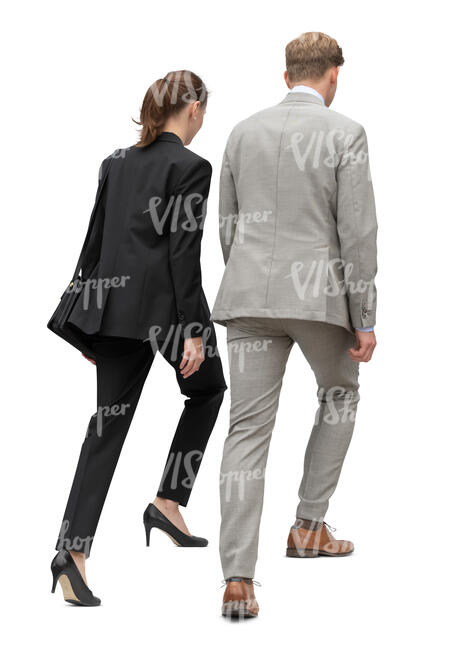cut out businessman and businesswoman walking up the stairs