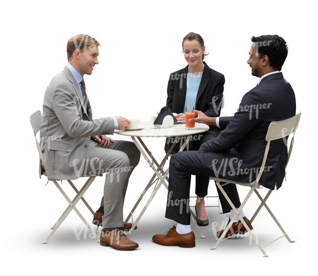 three cut out businesspeople having a business meeting in a cafe