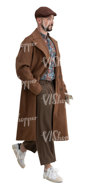 cut out man in a brown overcoat walking