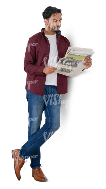 cut out man leaning against the wall and reading a newspaper