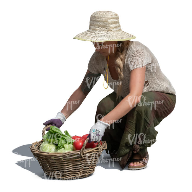 cut out woman squatting and picking up a basket of vegetables