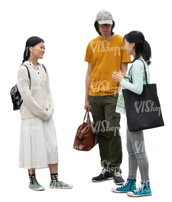 cut out group of three asian people standing and talking