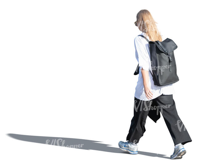 cut out young woman with a black leather backpack walking