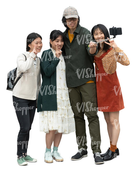 cut out group of young asian people standing and taking a selfie