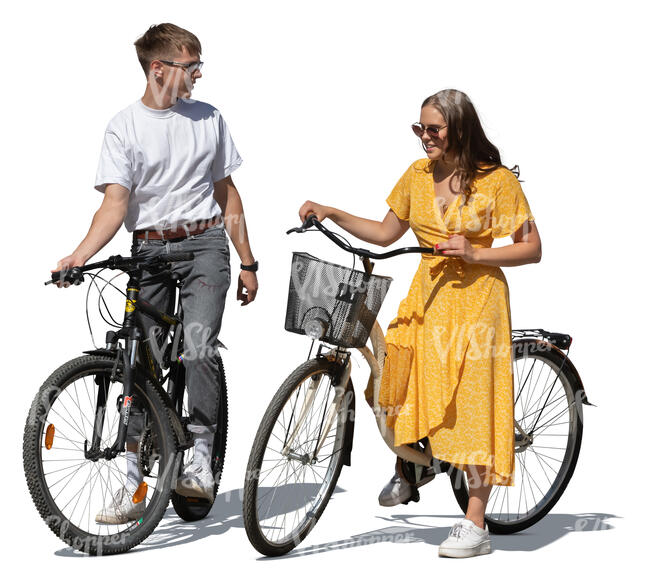 cut out young man and woman with bicycles standing and talking