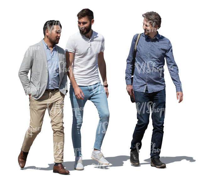 three men walking and talking