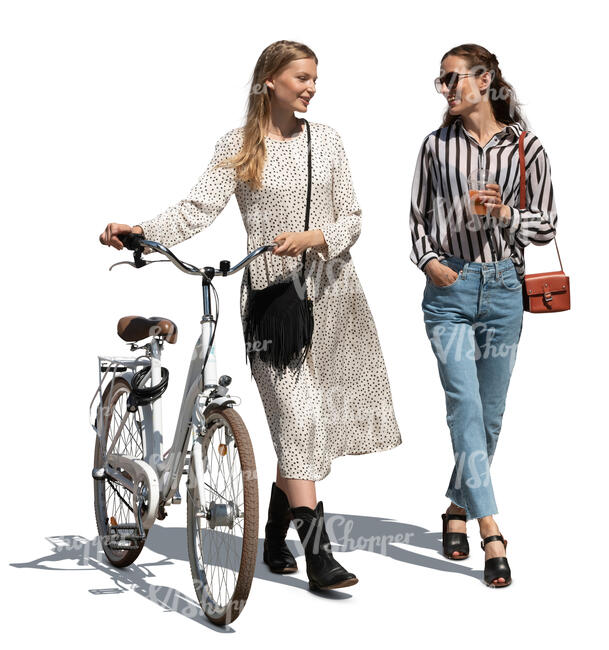 two cut out young women with a bicycle walking and talking