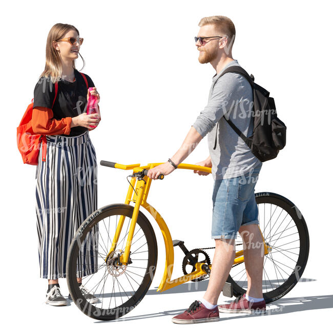 man with a yellow bike talking to a woman