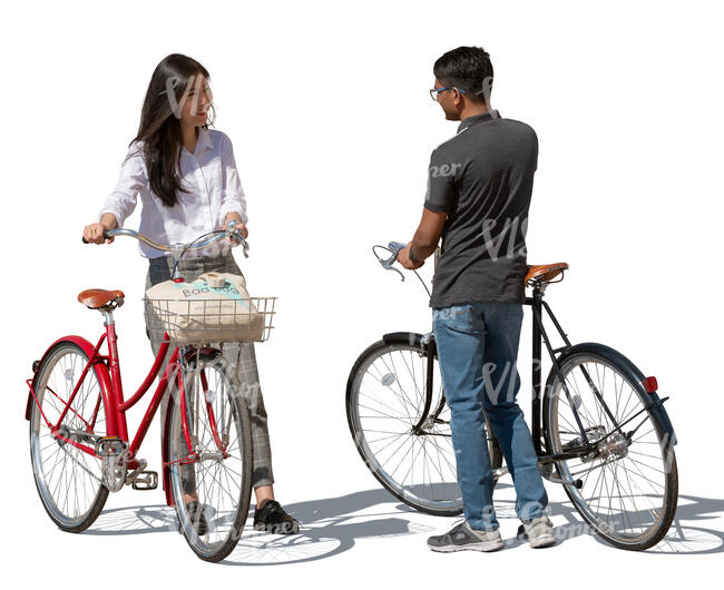 man and woman with bikes standing and talking