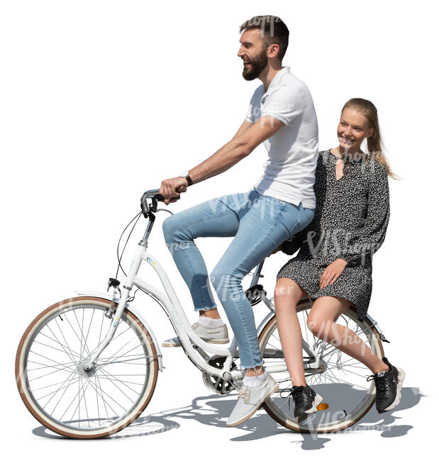 man riding a bike with a woman sitting on the rack