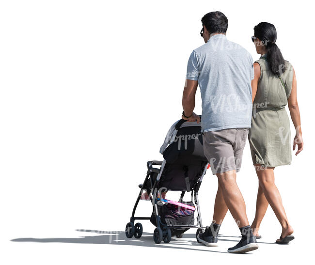 couple with a baby stroller walking