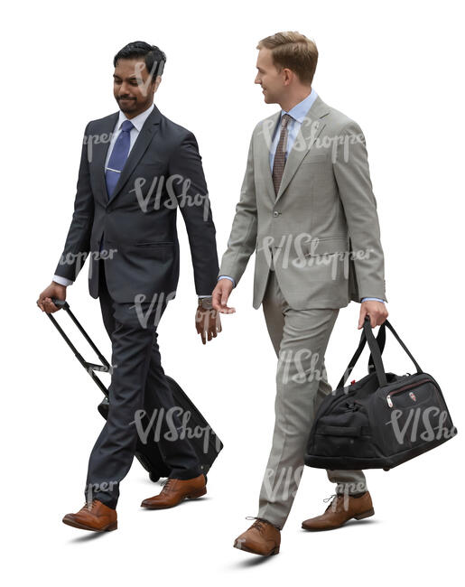 two cut out travelling businessmen walking and talking