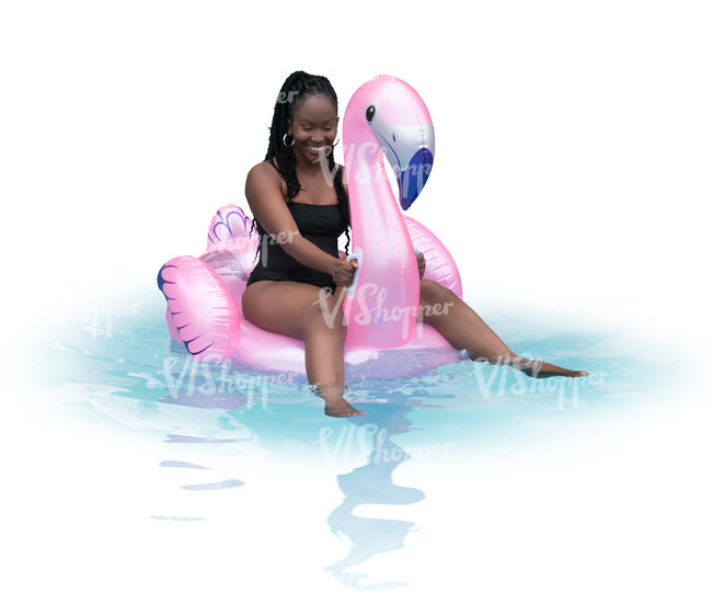 cut out woman relaxing in the pool on a pink flamingo floatie