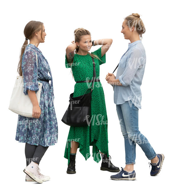 three cut out women standing and talking
