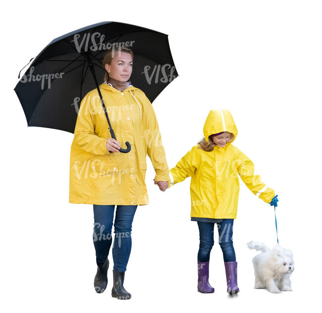 cut out mother and daughter and a dog walking in the rain