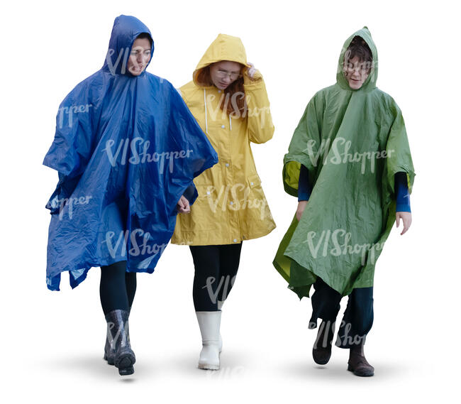 three cut out women in raincoats walking on a rainy day