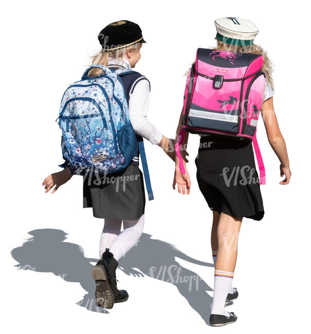 two cut out schoolgirls walking and talking