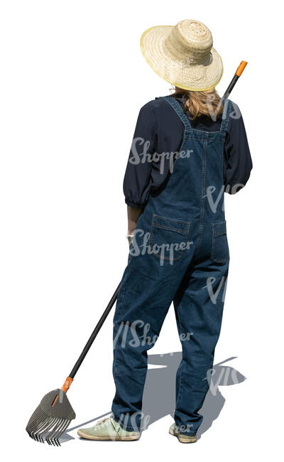 cut out woman with a rake standing in a garden