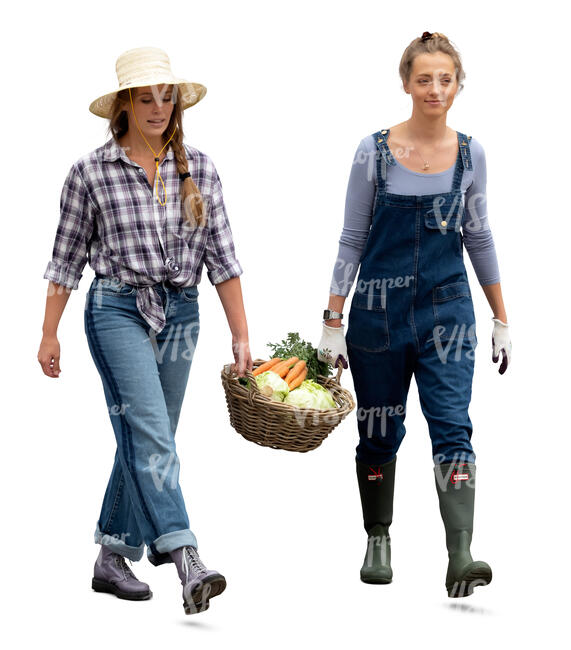 two cut out women walking and carrying a vegetable basket