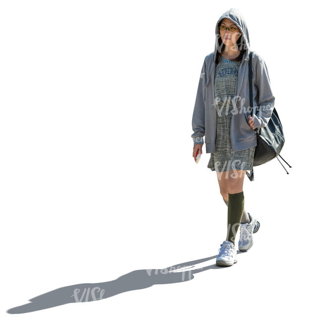 cut out asian wooman in a grey hooded jacket walking