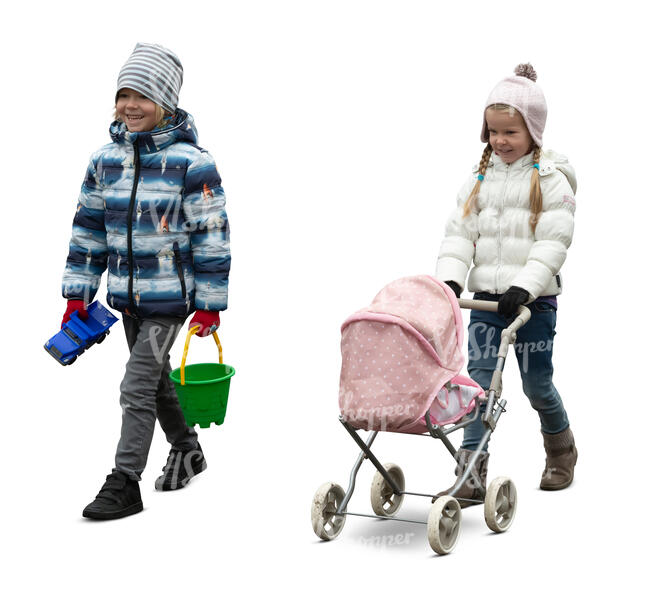 cut out two kids in outdoor clothes walking