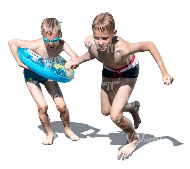 two cut out boys by the pool jumping into the water