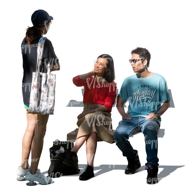 three cut out young people sitting and talking in partial shade